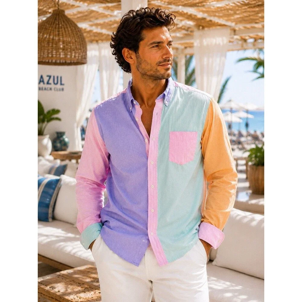 J Crew Secret Wash Shirt Mens XL Colorblock Organic Cotton Button Down Coastal‎